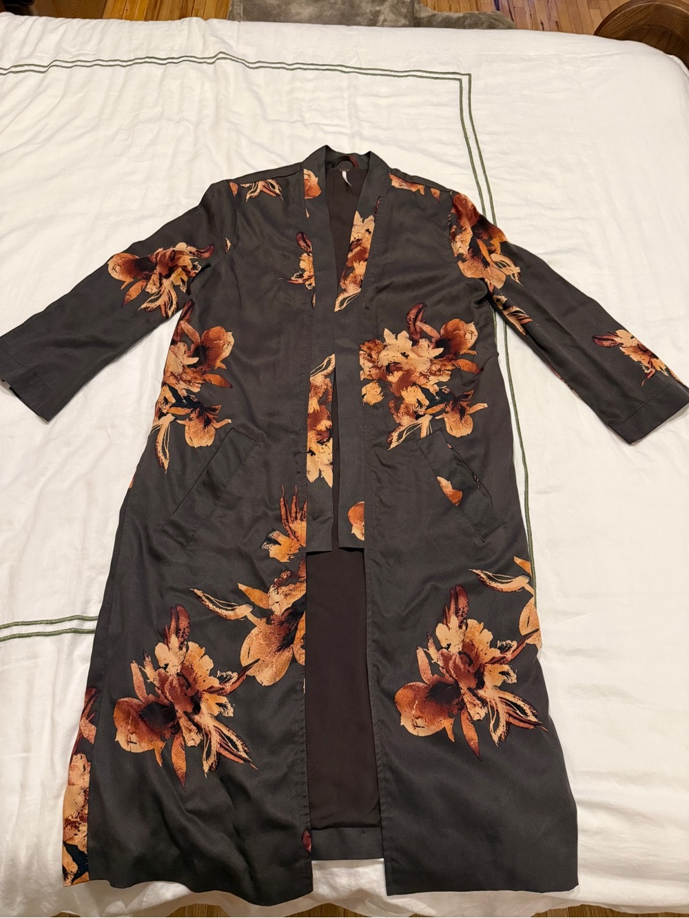Anthropologie Black Satin Floral Robe with Rust Blooms